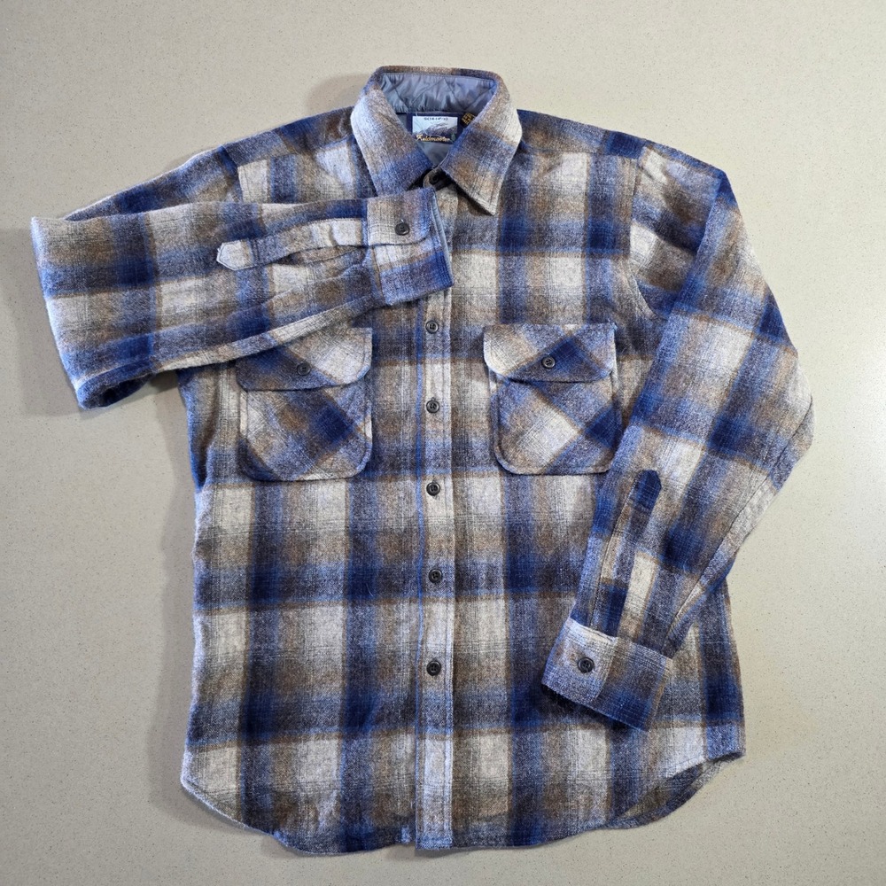 Fieldmaster Vintage Wool Blend Plaid Flannel Shirt Blue Brown Mens Small 14-14.5